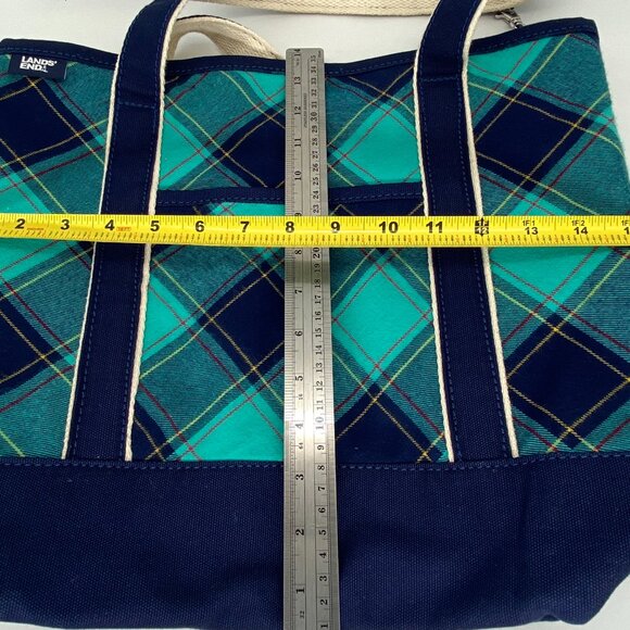 Lands End Plaid Tote Bag Canvas Open Top Seafoam Teal Green Blue 11 x 13 x 6 in - Picture 11 of 11